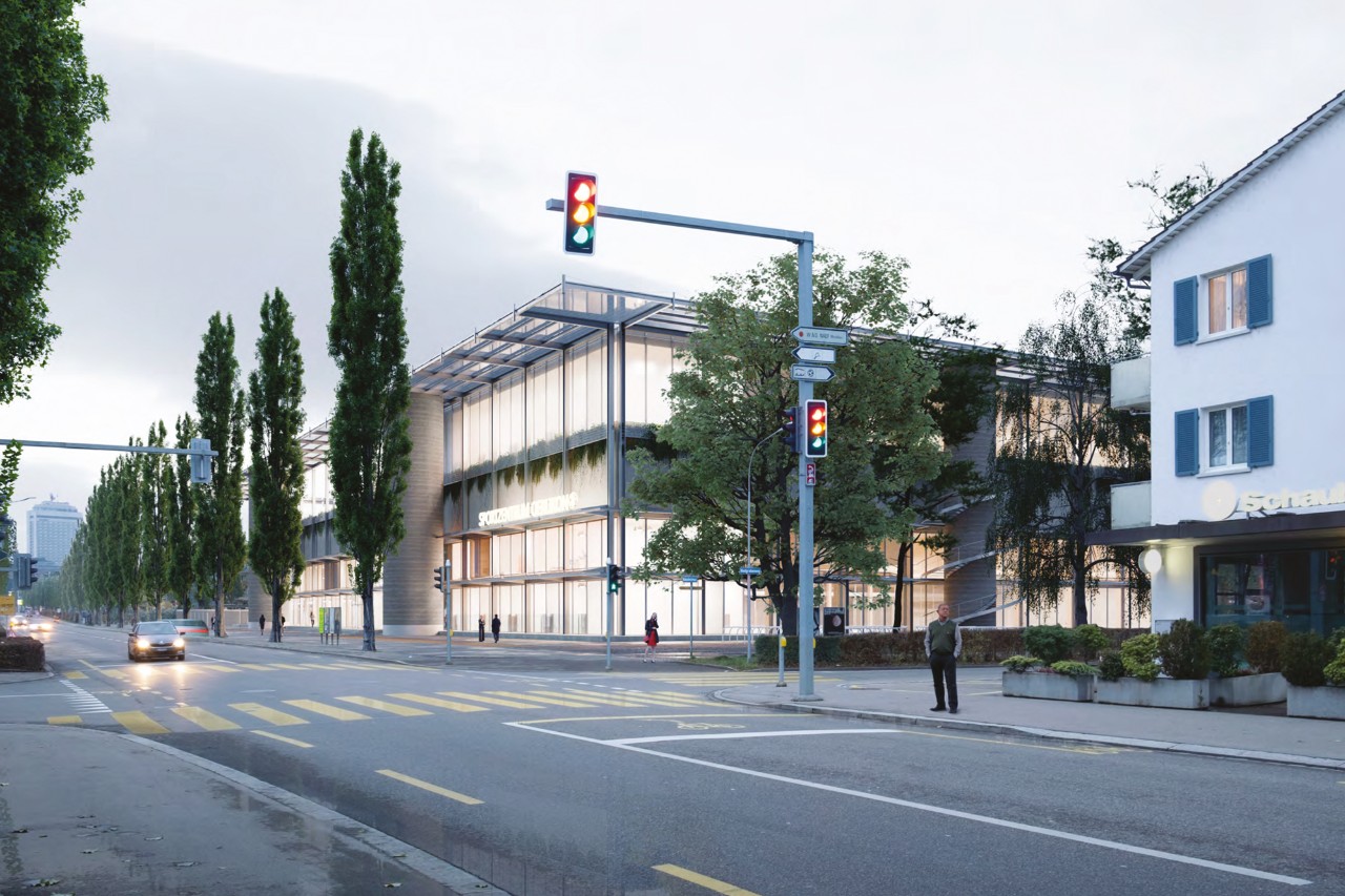 Visualisierung Strassenansicht Wallisellenstrasse Sportzentrum Oerlikon Siegerprojekt AMMONIT (Visualisierung: studio blomen, Zürich)